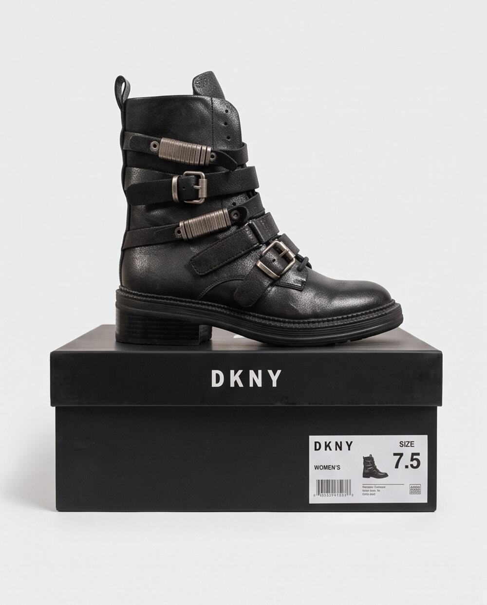 DKNY Black Leather Low-Heel High-Top Ankle Boots with Silver Hardware (NIB)